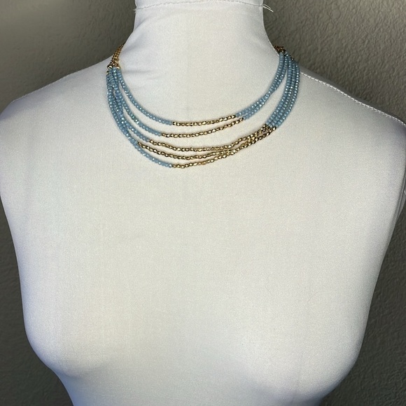 NWT Massini Multi Strand Beaded Necklace Gold Tone Aqua Blue - Picture 2 of 6